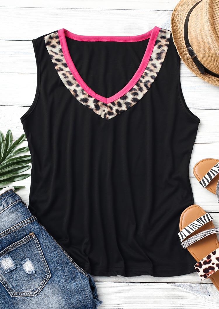 

Tank Tops Leopard Splicing V-Neck Tank Top in Black. Size: ,M