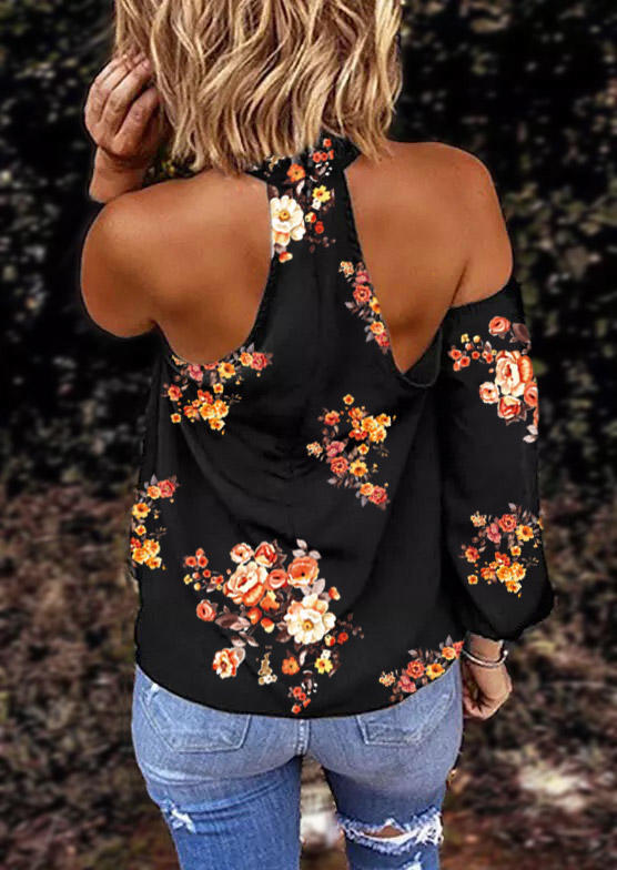 

Blouses Floral Criss-Cross Ruffled Cold Shoulder Blouse in Black. Size
