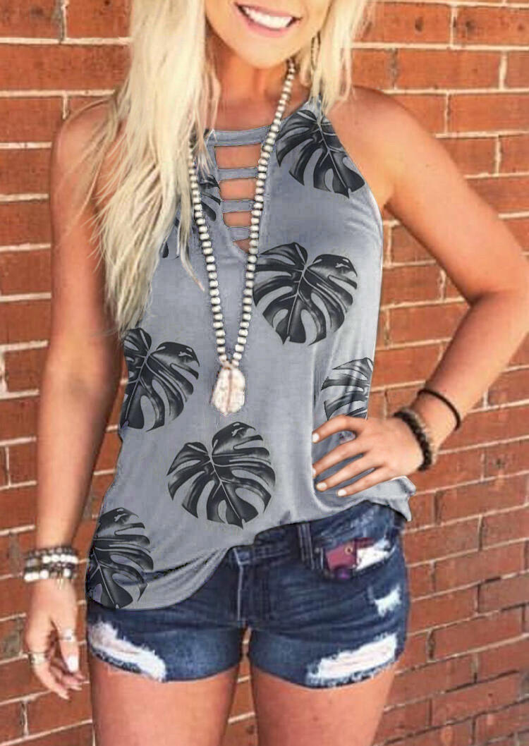 

Tank Tops Palm Leaf Hollow Out Halter Tank Top in Gray. Size: ,L
