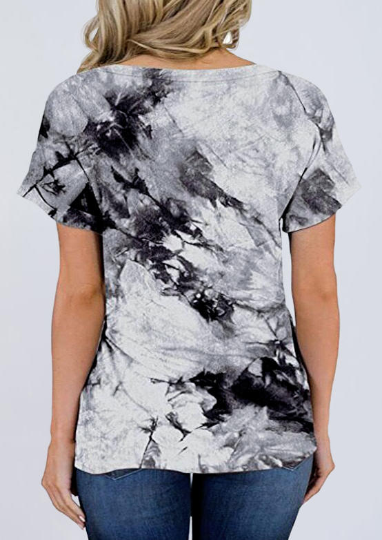 

Blouses Tie Dye Ink Painting Pocket Short Sleeve V-Neck Blouse in Gray. Size
