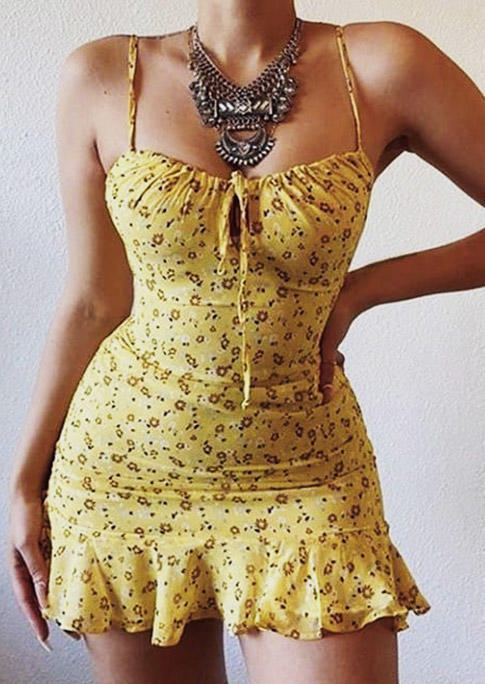 

Bodycon Dresses Floral Ruffled Tie Zipper Spaghetti Strap Bodycon Dress in Yellow. Size: ,L,XL