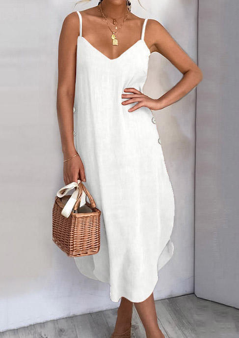 

Midi Dresses Asymmetric Button Slit Spaghetti Strap Midi Dress in White. Size
