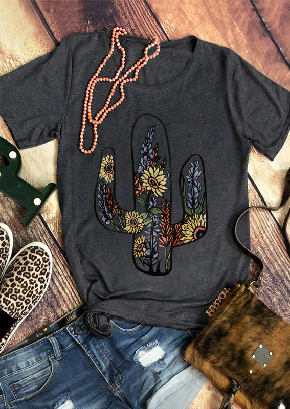 

Western Cactus Sunflower O-Neck T-Shirt Tee - Dark Grey, 500498