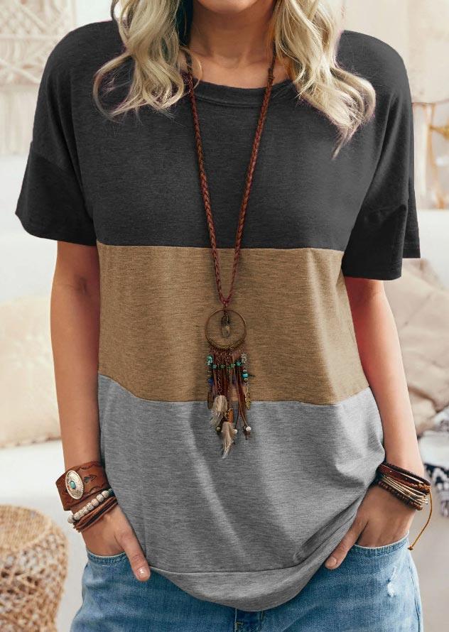 

T-shirts Tees Color Block O-Neck Casual T-Shirt Tee in Multicolor. Size