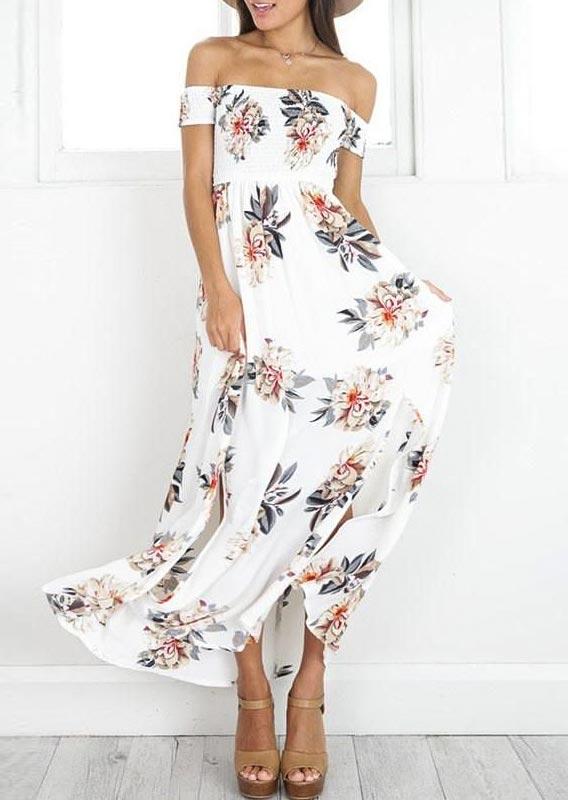 

Maxi Dresses Floral Ruched Slit Off Shoulder Maxi Dress in White. Size: ,XL