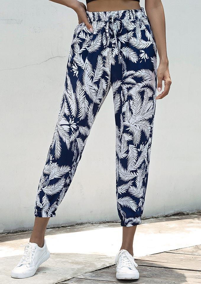 

Pants Palm Leaf Pocket Drawstring High Waist Pants in Multicolor. Size: ,XL