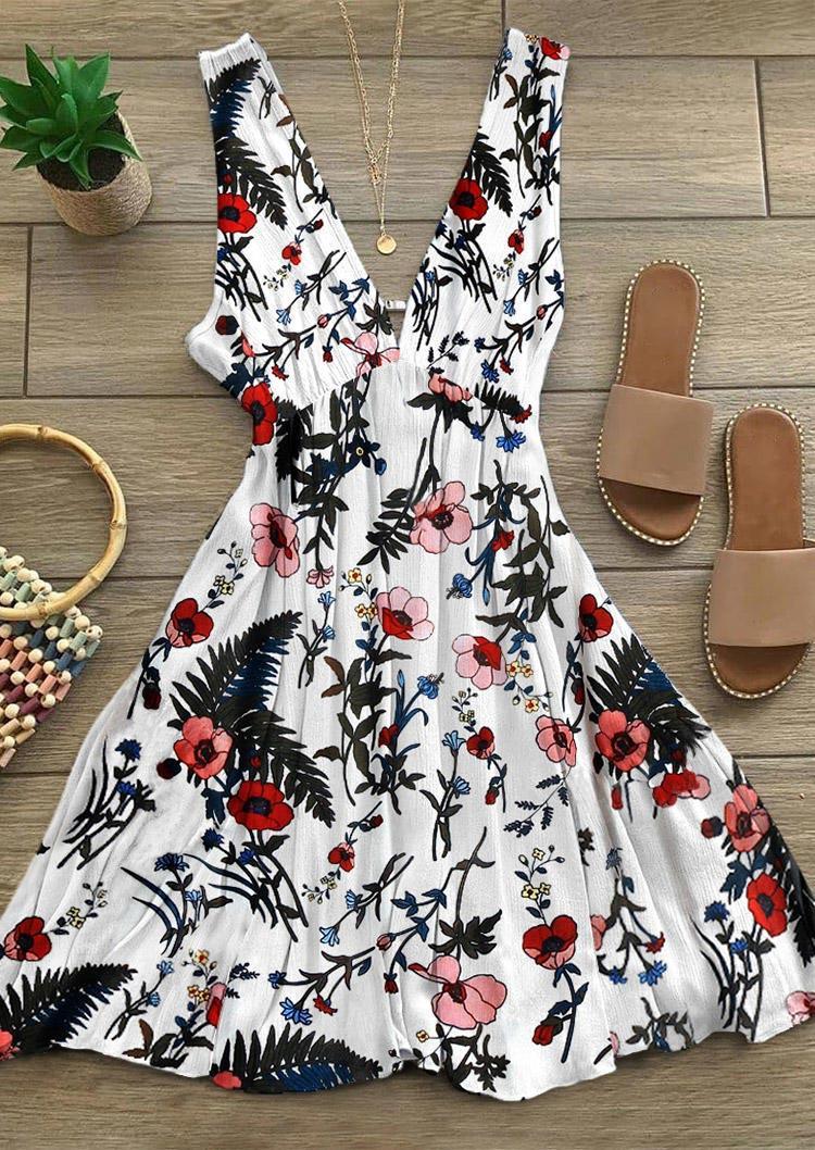 

Mini Dresses Floral Ruffled V-Neck Open Back Sleeveless Mini Dress in Multicolor. Size