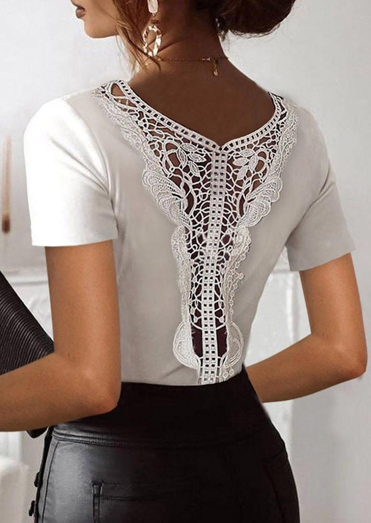 

Blouses Open Back Lace Splicing Blouse in White. Size