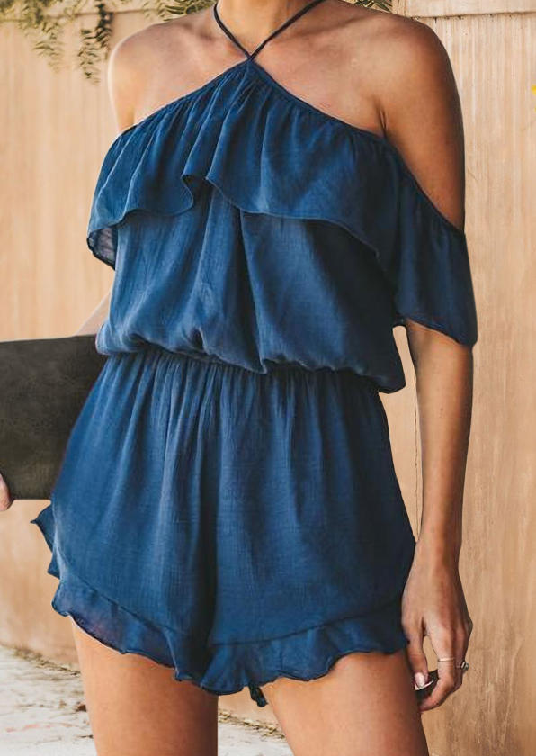 

Jumpsuits & Rompers Ruffled Elastic Waist Layered Halter Romper in Deep Blue. Size