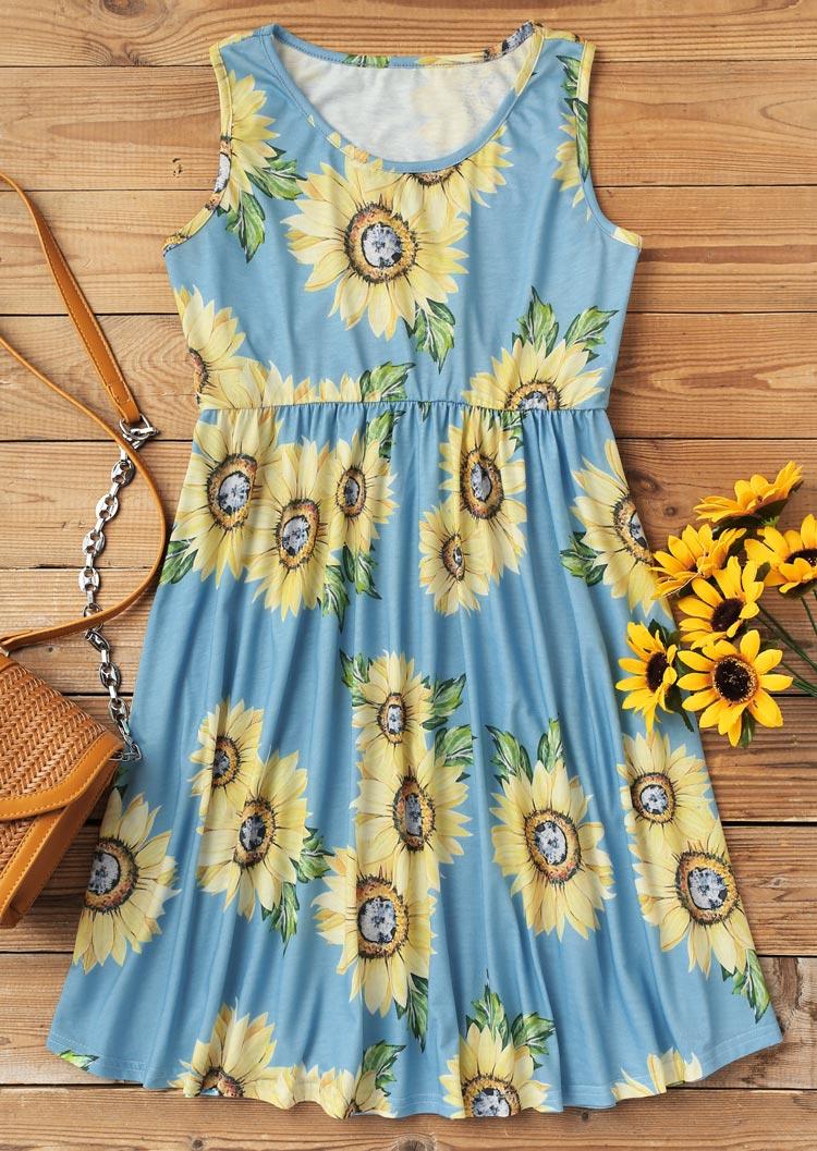 

Mini Dresses Sunflower Ruffled Sleeveless Mini Dress in Blue. Size: ,M,L