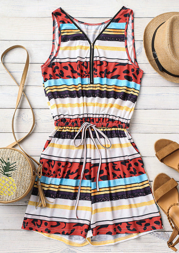 

Jumpsuits & Rompers Leopard Striped Pocket Drawstring Romper in Multicolor. Size