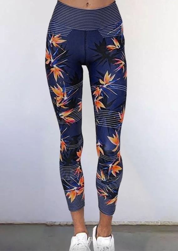 

Activewear Leaf Striped Quick-drying Yoga Activewear Leggings in Navy Blue. Size