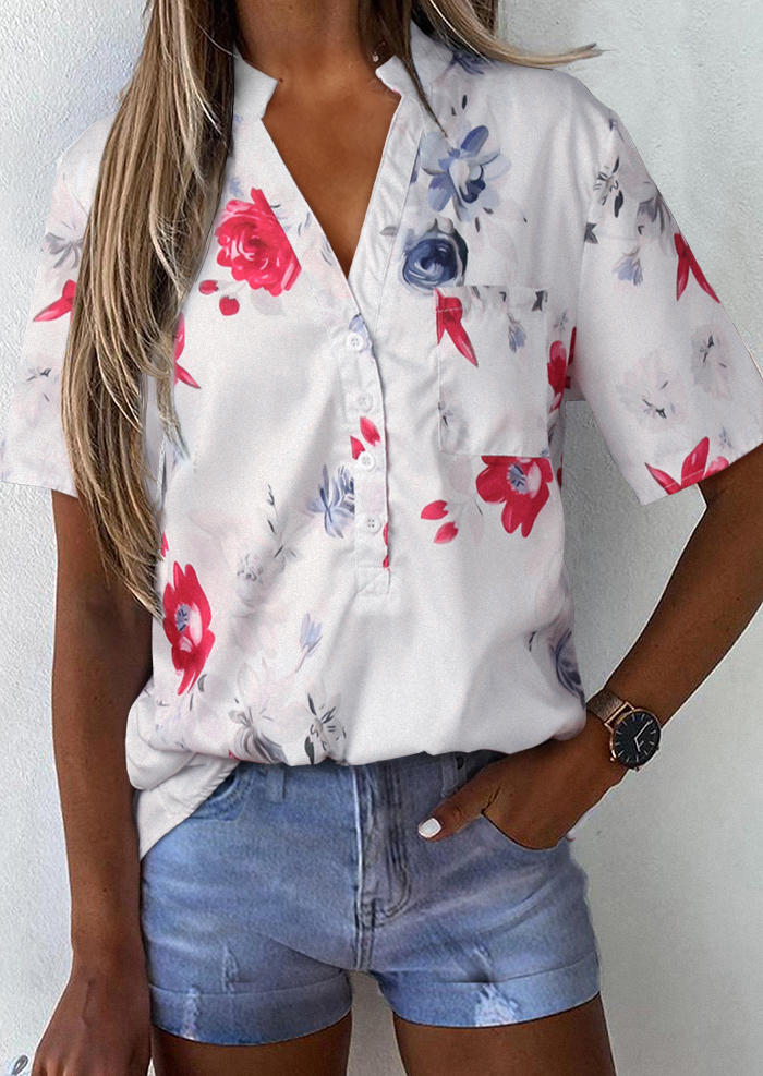 

Blouses Floral Button Pocket V-Neck Blouse in White. Size