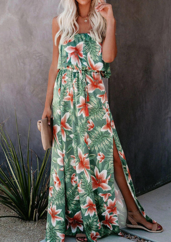 

Maxi Dresses Floral Palm Leaf Slit Strapless Layered Maxi Dress in Green. Size