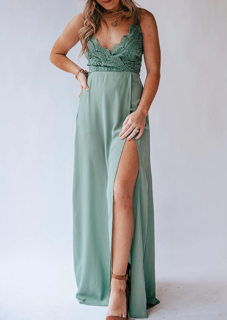 

Maxi Dresses Lace Splicing Criss-Cross Open Back Slit Maxi Dress in Green. Size: ,M