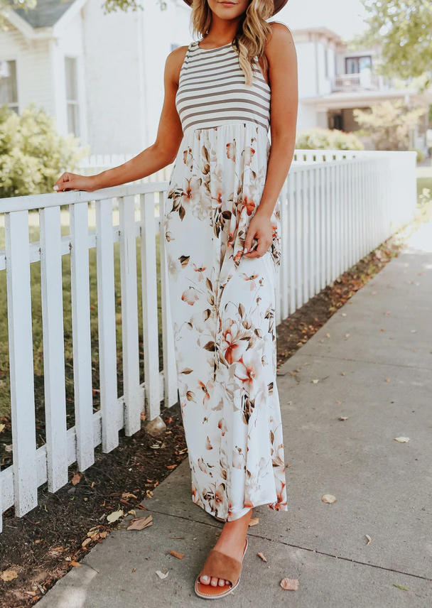 Floral Striped Pocket Sleeveless Maxi Dress - White