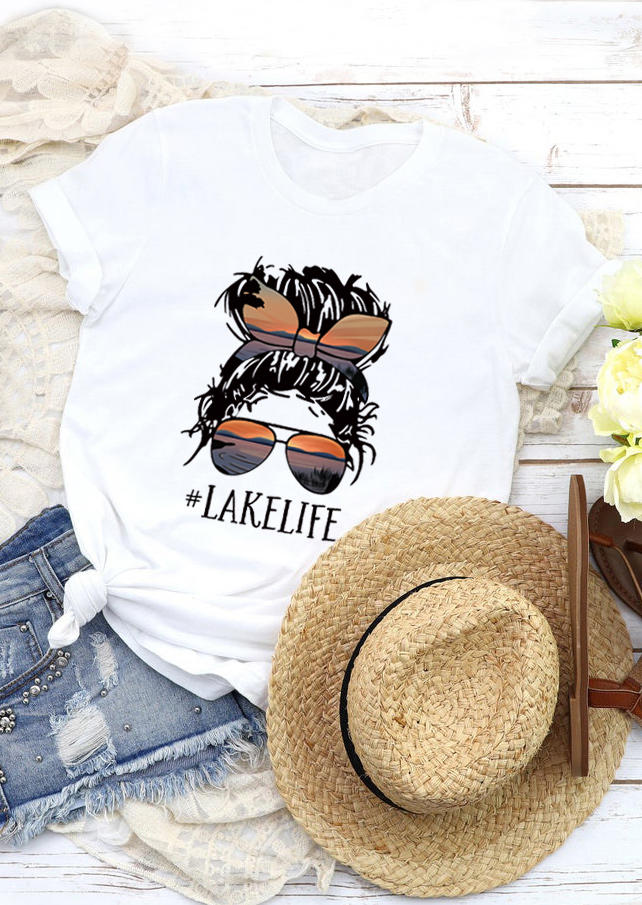 

T-shirts Tees Lake Life Glasses Bowknot Bun T-Shirt Tee in White. Size