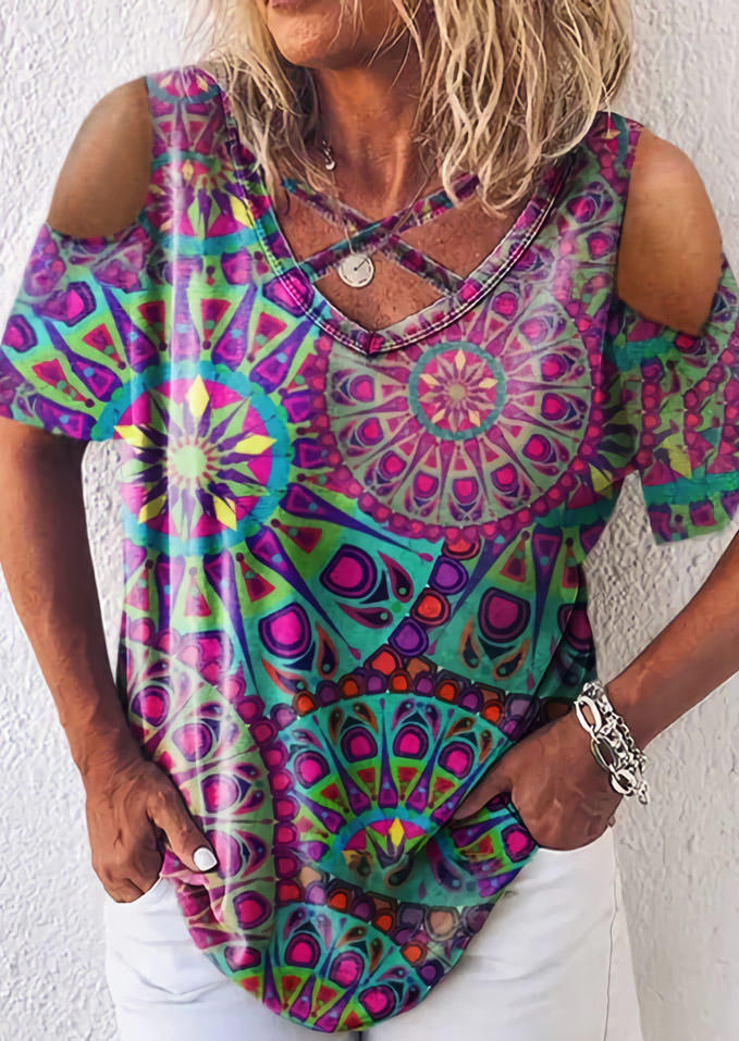 

Blouses Mandala Floral Criss-Cross Cold Shoulder Blouse in Multicolor. Size: ,L