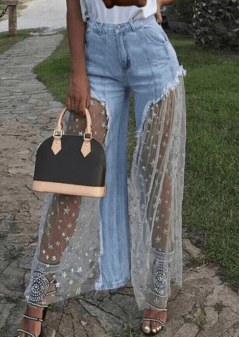 

Pants Star Mesh See-Through Wide Leg Denim Pants in Light Blue. Size