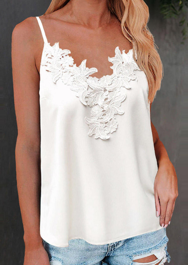 

Tank Tops Lace Floral Splicing V-Neck Camisole in White. Size