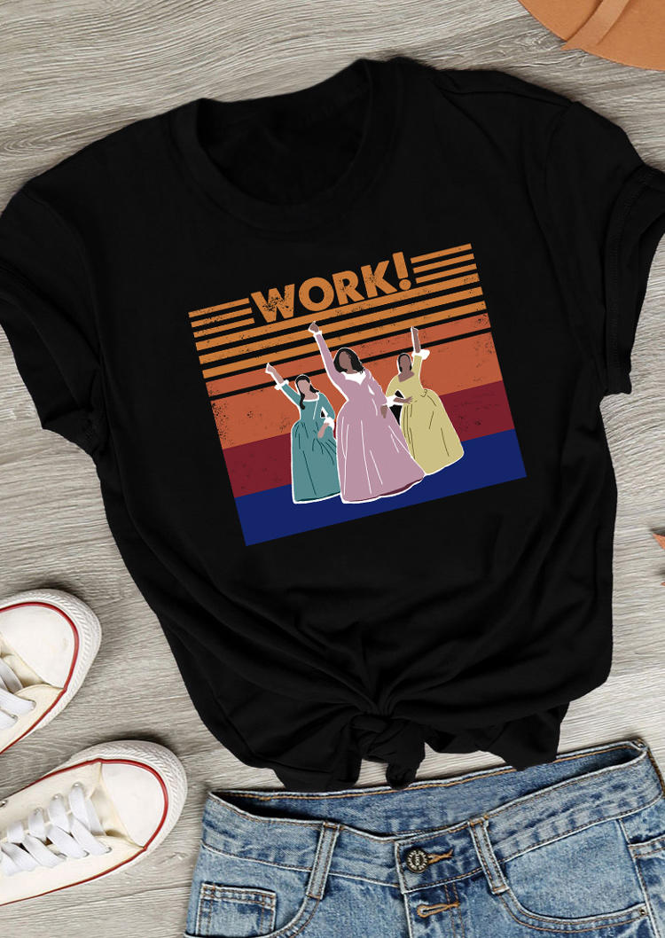 T-shirts Tees Colorful Striped Schuyler Sisters Work T-Shirt Tee in Black. Size: L,M