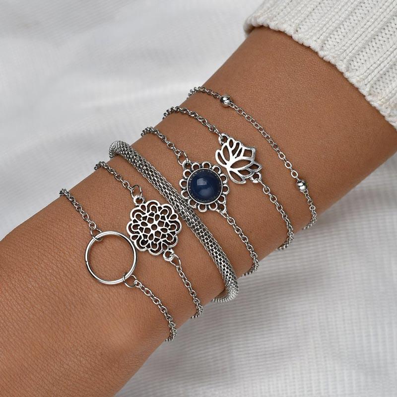 

Bracelet 6Pcs Hollow Out Lotus Cobblestone Bracelet Set in Silver. Size