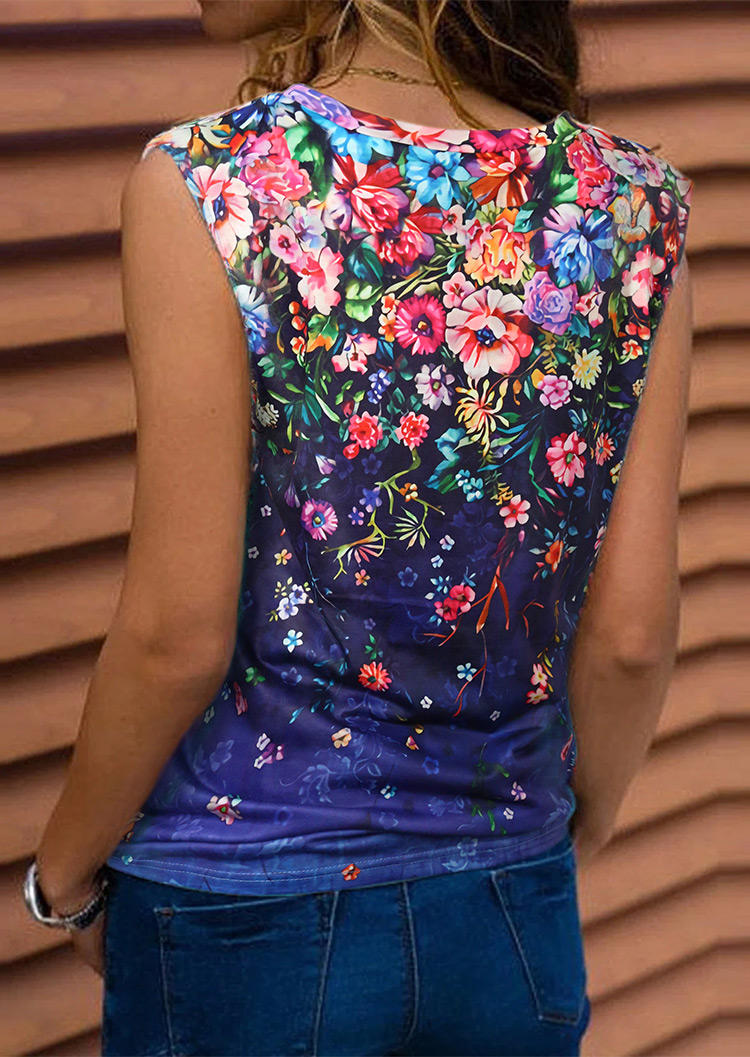 

Tank Tops Floral V-Neck Casual Tank Top in Blue. Size