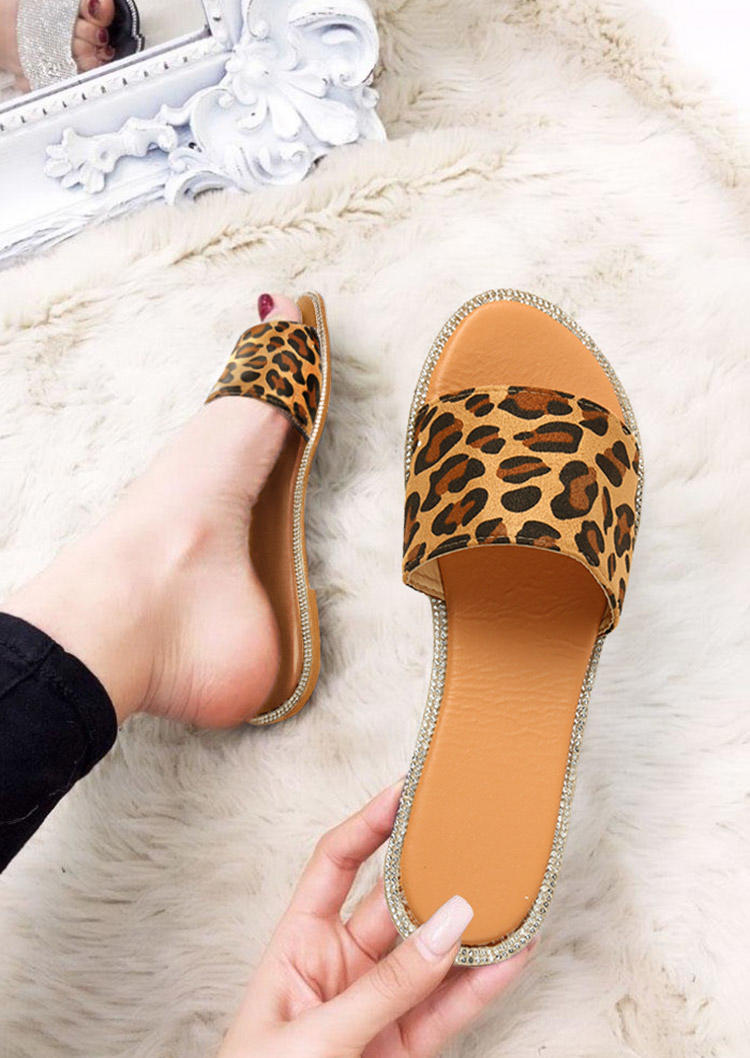 

Slippers Leopard Glitter Rhinestone Open Toe Slip On Slippers in Leopard. Size