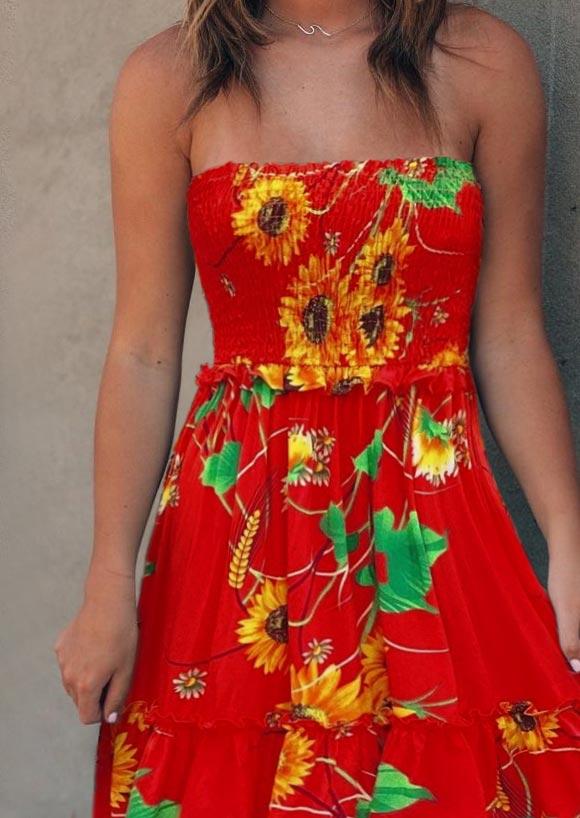

Mini Dresses Sunflower Ruffled Elastic Waist Strapless Mini Dress in Red. Size: ,M,L