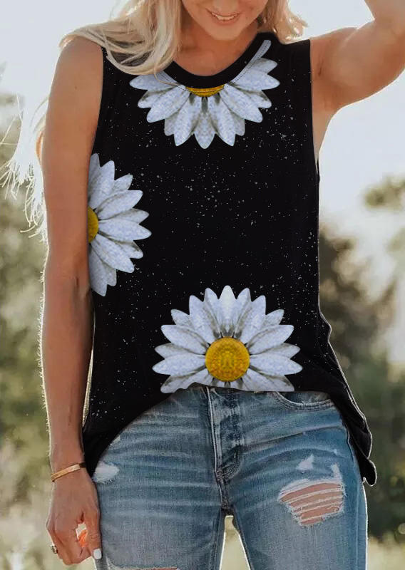 

Tank Tops Daisy Sleeveless O-Neck Casual Tank Top in Black. Size: ,XL