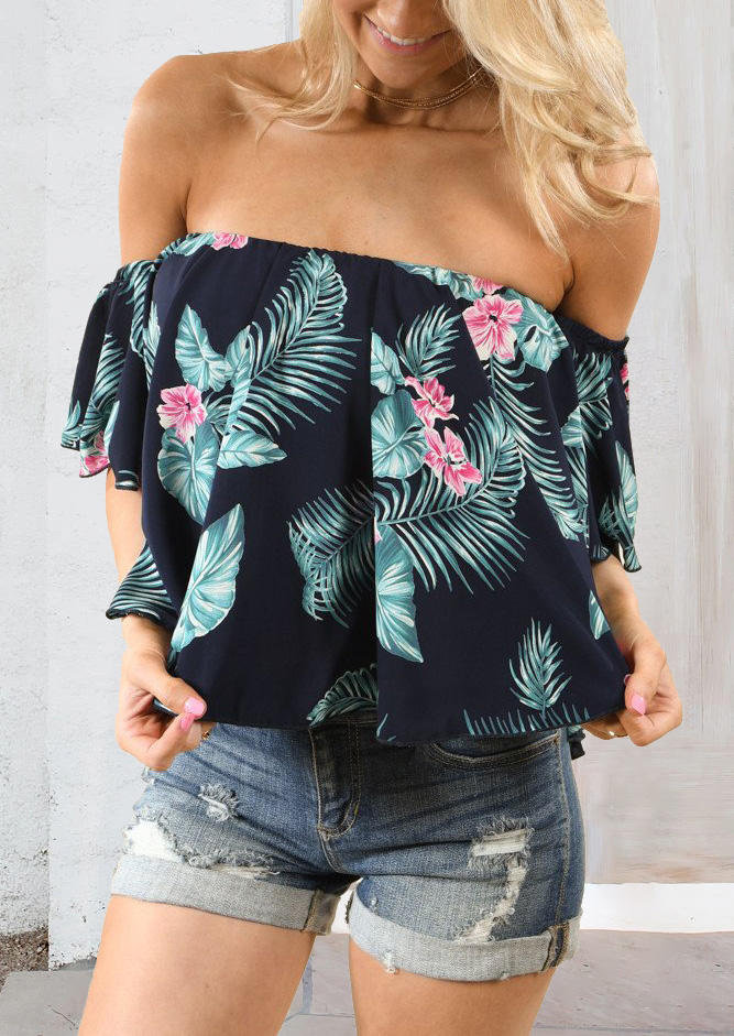

Blouses Floral Plam Leaf Off Shoulder Blouse in Multicolor. Size