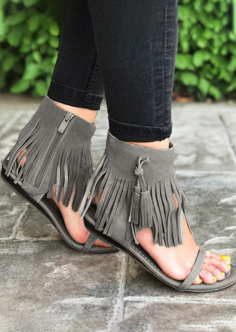 Sandals Bohemian Tassel Zipper Flat Sandals in Gray. Size: 37,38