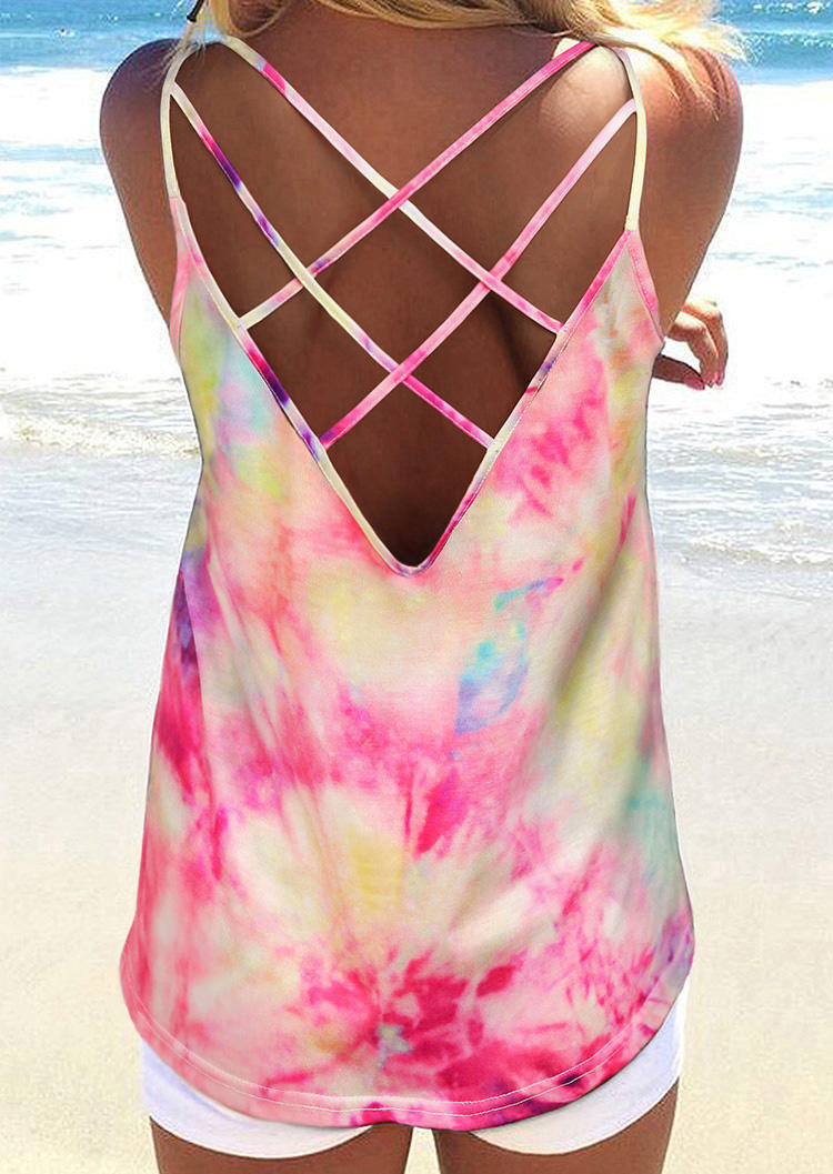 Tank Tops Tie Dye Criss-Cross Hollow Out Camisole in Multicolor. Size: S