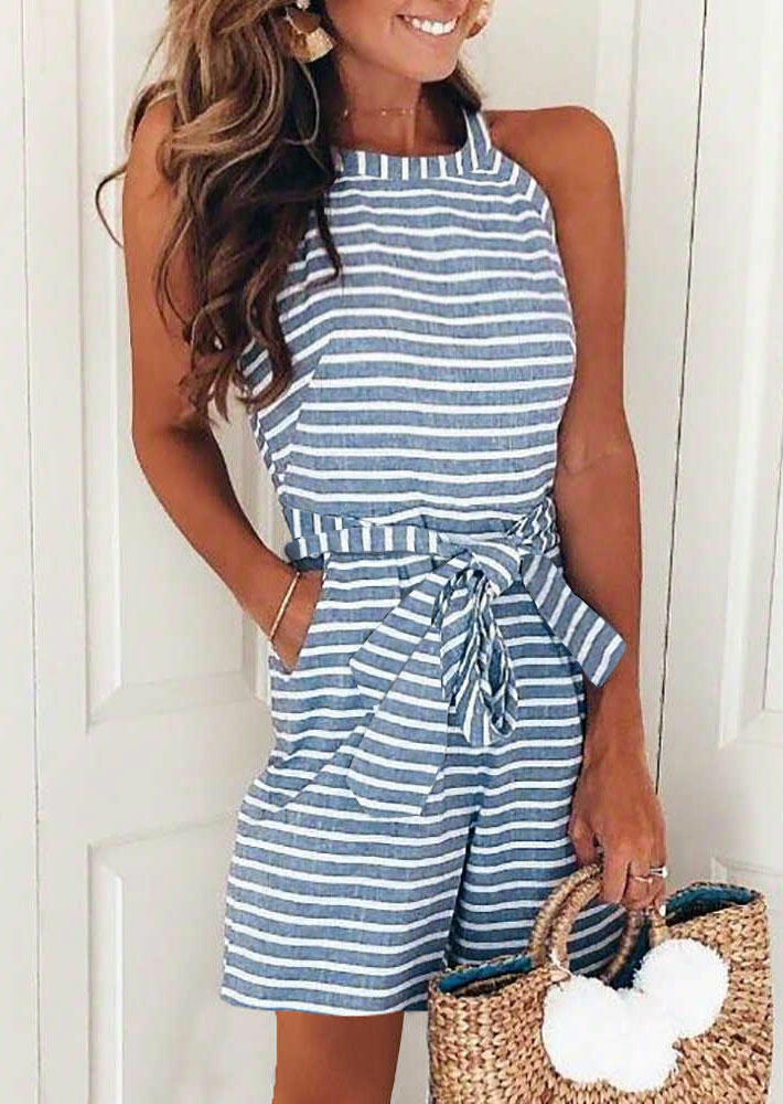 

Jumpsuits & Rompers Striped Splicing Zipper Pocket Halter Romper with Belt in Gray. Size