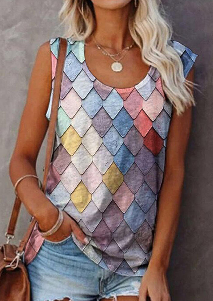 

Tank Tops Colorful Geometric Diamond O-Neck Tank Top in Multicolor. Size: ,M,L