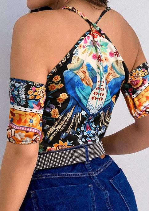 

Blouses Floral Peacock Cold Shoulder Spaghetti Strap Blouse in Multicolor. Size