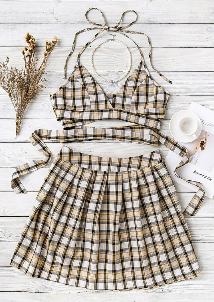 Plaid Halter Tie Camisole And Skirt Outfit