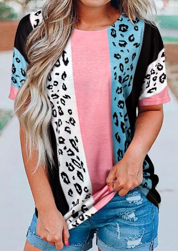 

Blouses Leopard Color Block O-Neck Blouse in Multicolor. Size