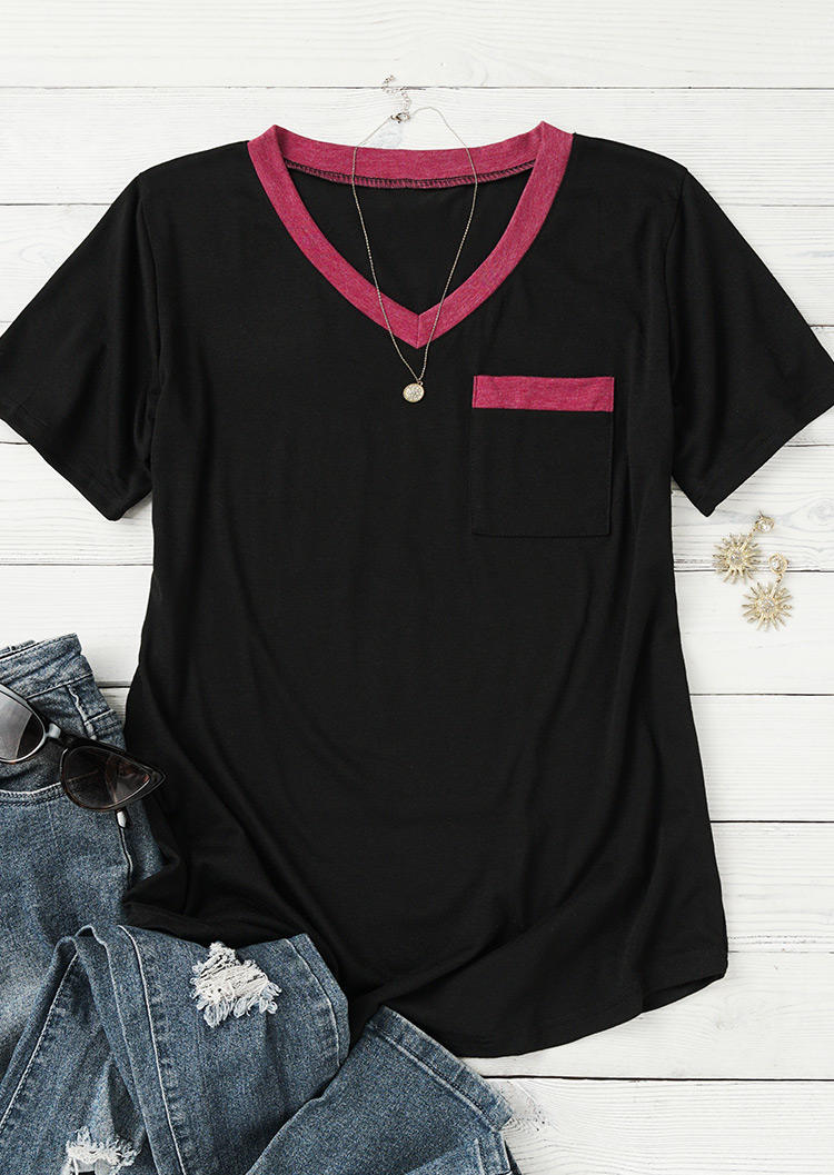 

Blouses Color Block Pocket V-Neck Blouse in Black. Size