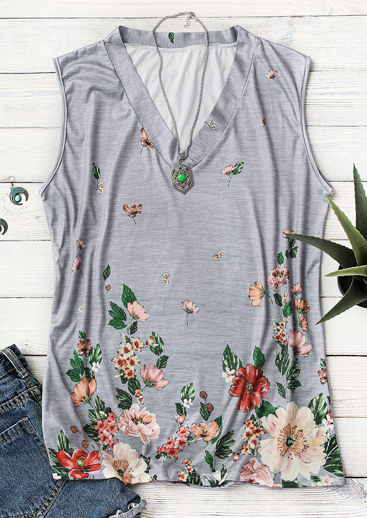 

Tank Tops Floral V-Neck Sleeveless Tank Top in Gray. Size