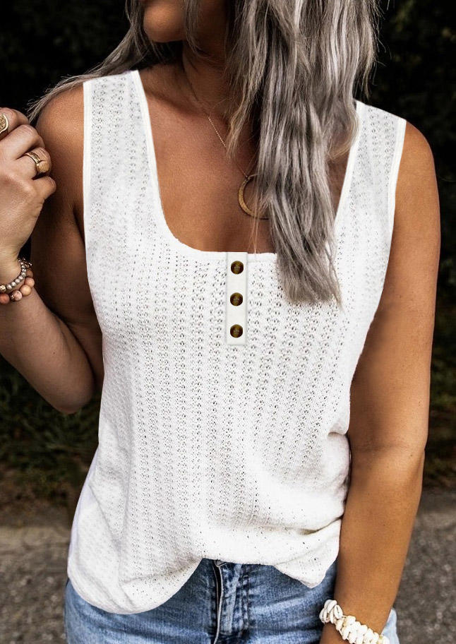 

Tank Tops Button Square Collar Sleeveless Tank Top in White. Size