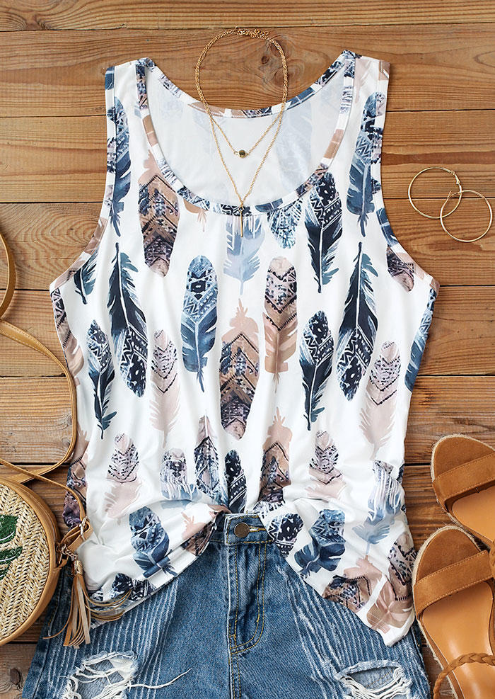 Tank Tops Feather Leopard Sleeveless Casual Tank Top in White. Size: 2XL,3XL,L,M,S,XL
