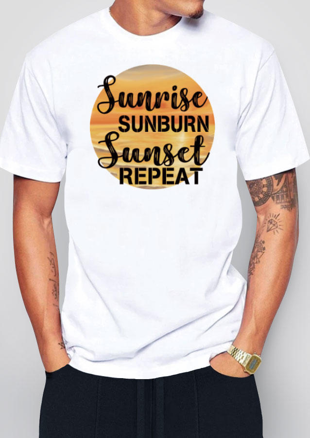 T-shirts Tees Men Sunrise Sunburn Sunset Repeat T-Shirt Tee in White. Size: L,M,S