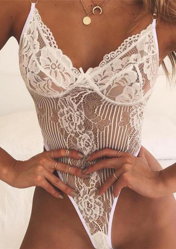 

Lingerie Lace See-Through Spaghetti Strap Lingerie in White. Size: ,XL