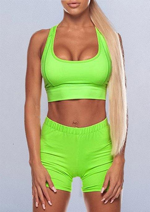 

Activewear Breathable Bra And Elastic Waist Tight Shorts Yoga Sports Set in Fluorescent Green. Size: ,L