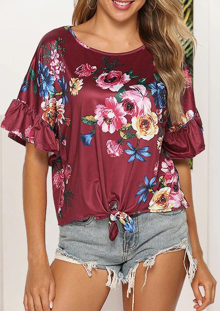 

Blouses Floral Ruffled Tie Casual Blouse in Burgundy. Size: ,L