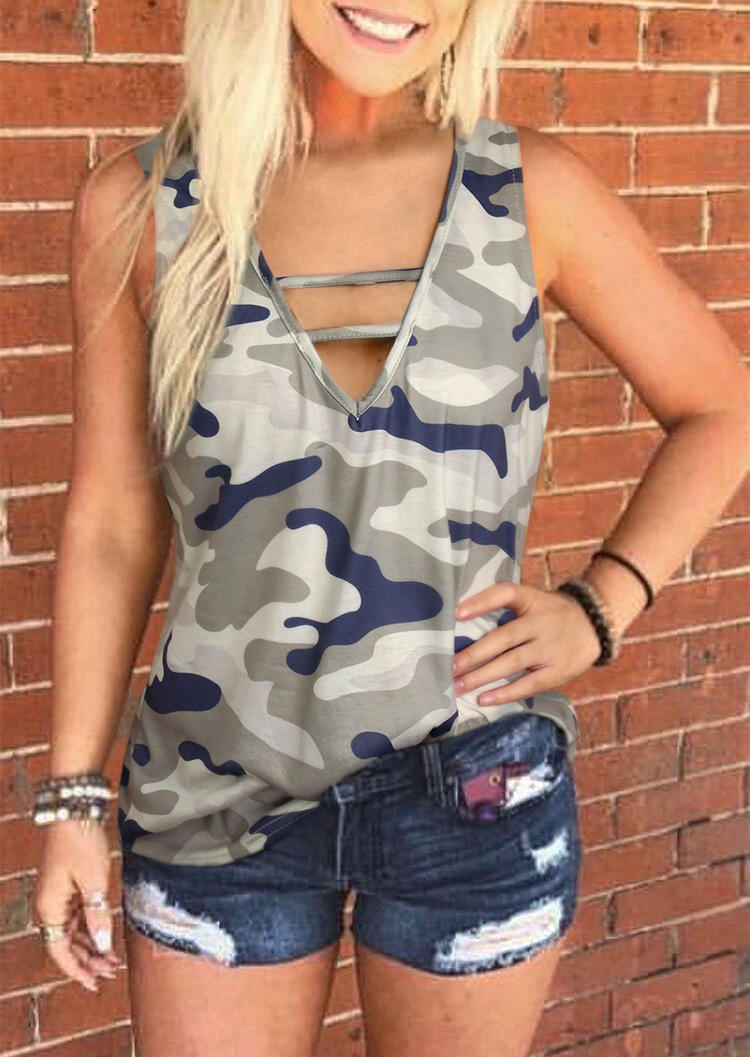 Tank Tops Camouflage Hollow Out V-Neck Casual Tank Top in Camouflage. Size: S