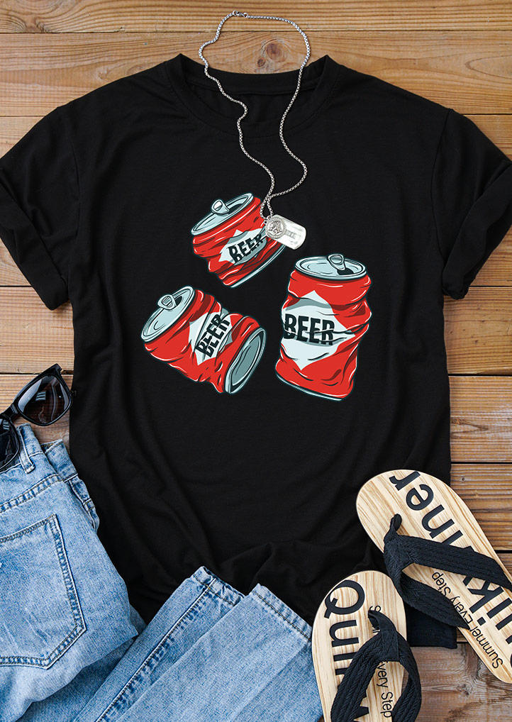 T-shirts Tees Men Beer Can O-Neck T-Shirt Tee in Black. Size: L,M,S