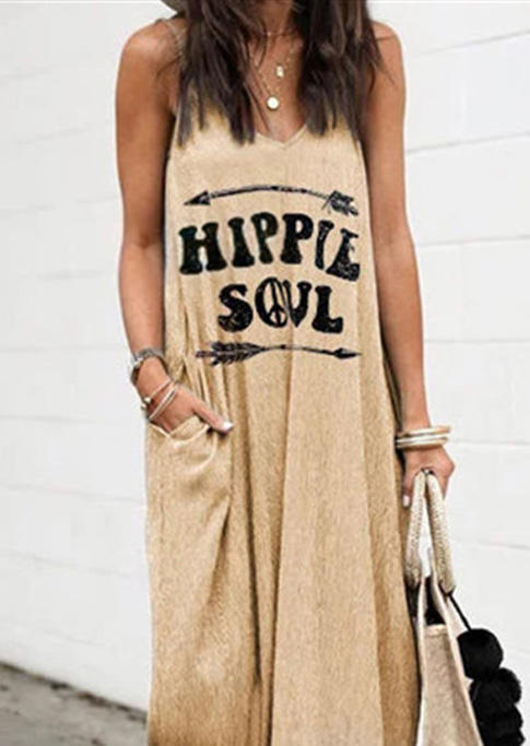 

Maxi Dresses Hippie Soul Arrow Pocket Sleeveless Maxi Dress in Khaki. Size