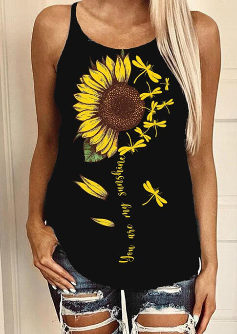 

Tank Tops Sunflower Dragonfly You Are My Sunshine Criss-Cross Camisole in Black. Size